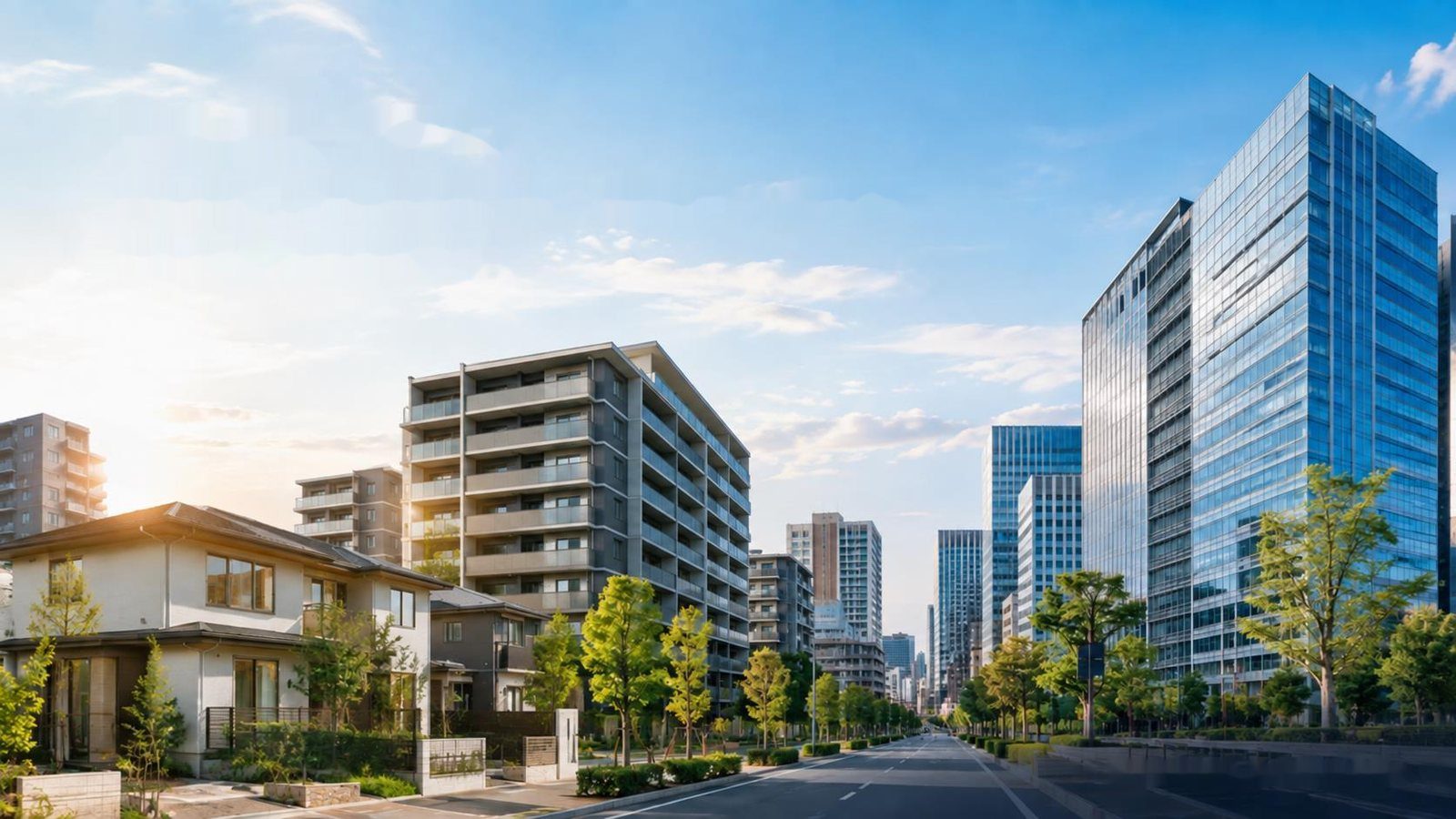 マンションとオフィスビルが並ぶ街並み